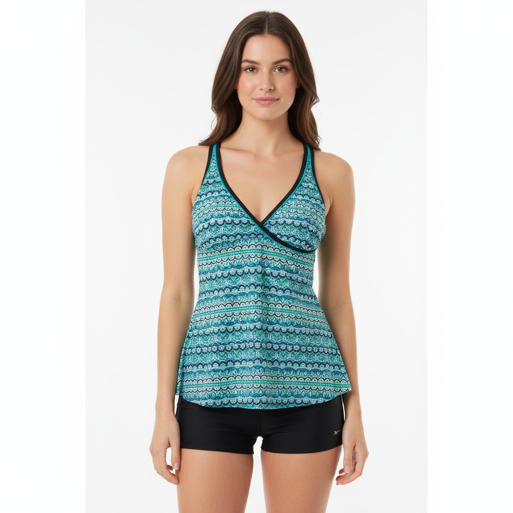 South Point Women’s Tankini Top Size 16 Green Blue Geometric Criss Cross‎ Back